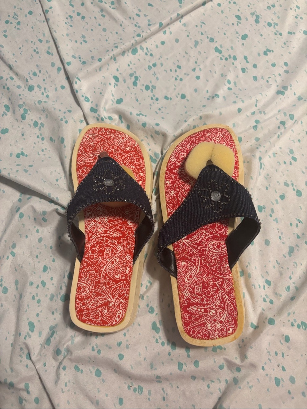 Red Paisley Flip Flop Sandals with Black Straps 7/8